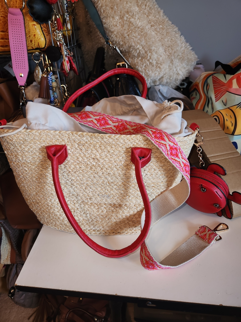 Straw Tote Bag with Red Trim and Pink Woven Strap